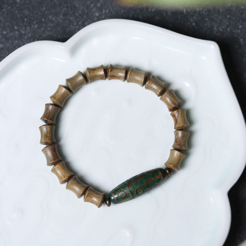 Nine-Eye Dzi Bead Green Sandalwood Spiritual Bracelet 14-16cm