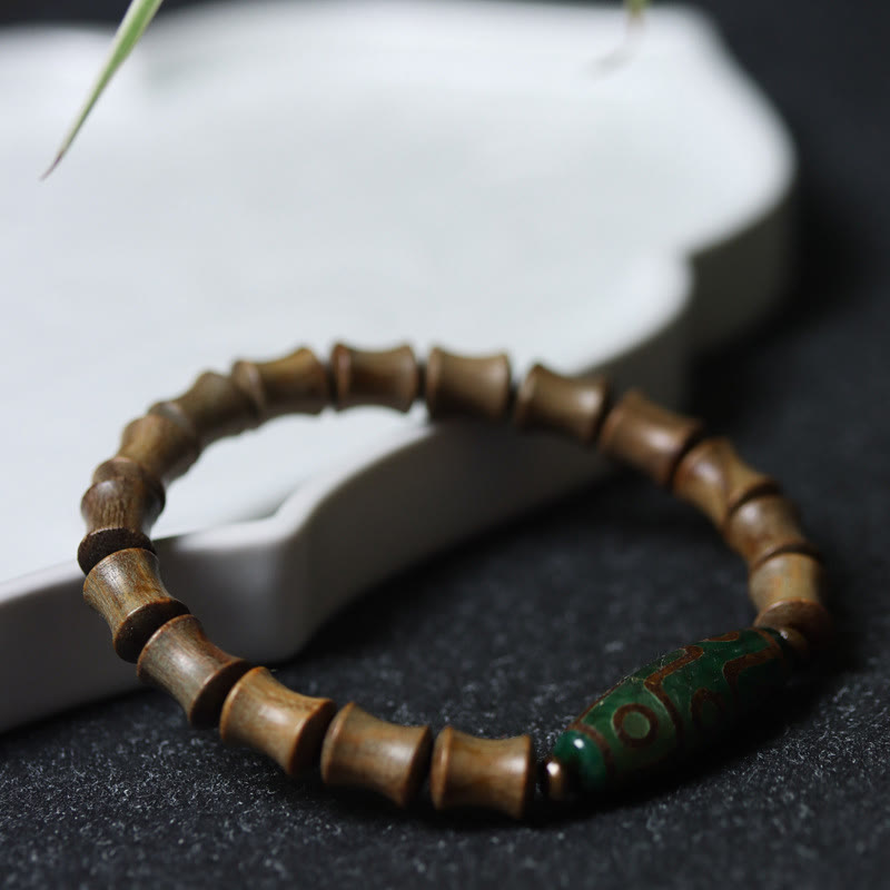 Nine-Eye Dzi Bead Green Sandalwood Spiritual Bracelet 14-16cm