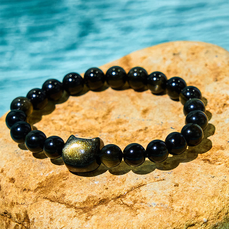 Gold Sheen Obsidian Lucky Cat Protection Bracelet