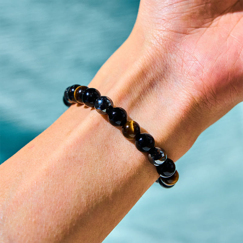 Men's 8mm Tiger Eye Obsidian Hematite Bracelet for Protection
