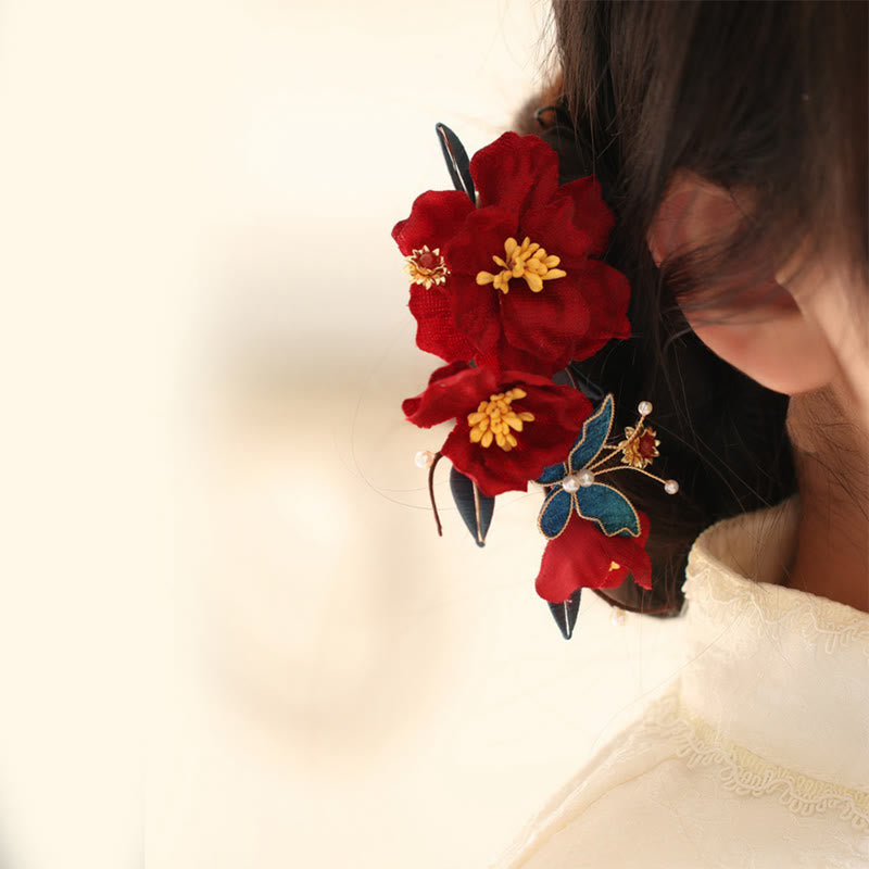 Red Flower Butterfly Hair Comb for Transformation & Love