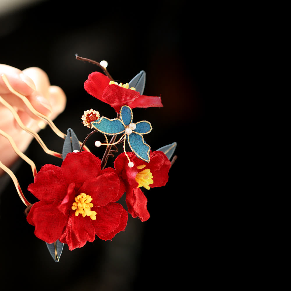 Red Flower Butterfly Hair Comb for Transformation & Love