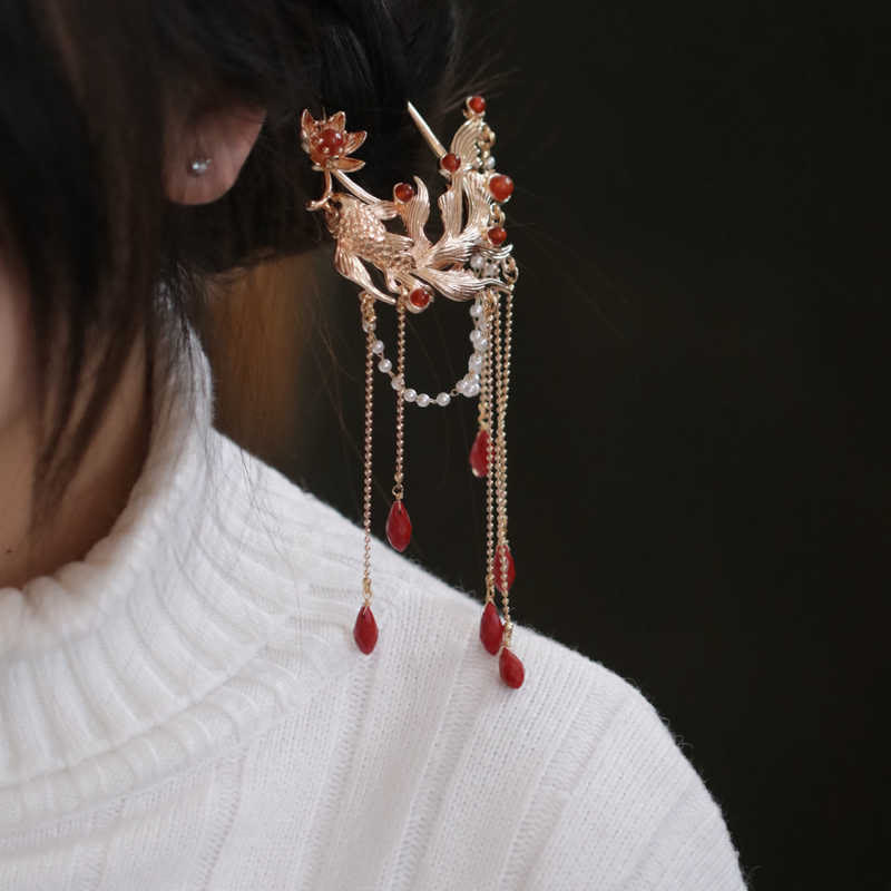 Koi Fish Red Agate Hairpin and Hair Comb Gold Plated Copper