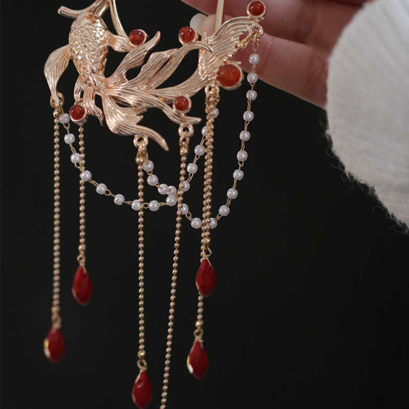 Koi Fish Red Agate Hairpin and Hair Comb Gold Plated Copper