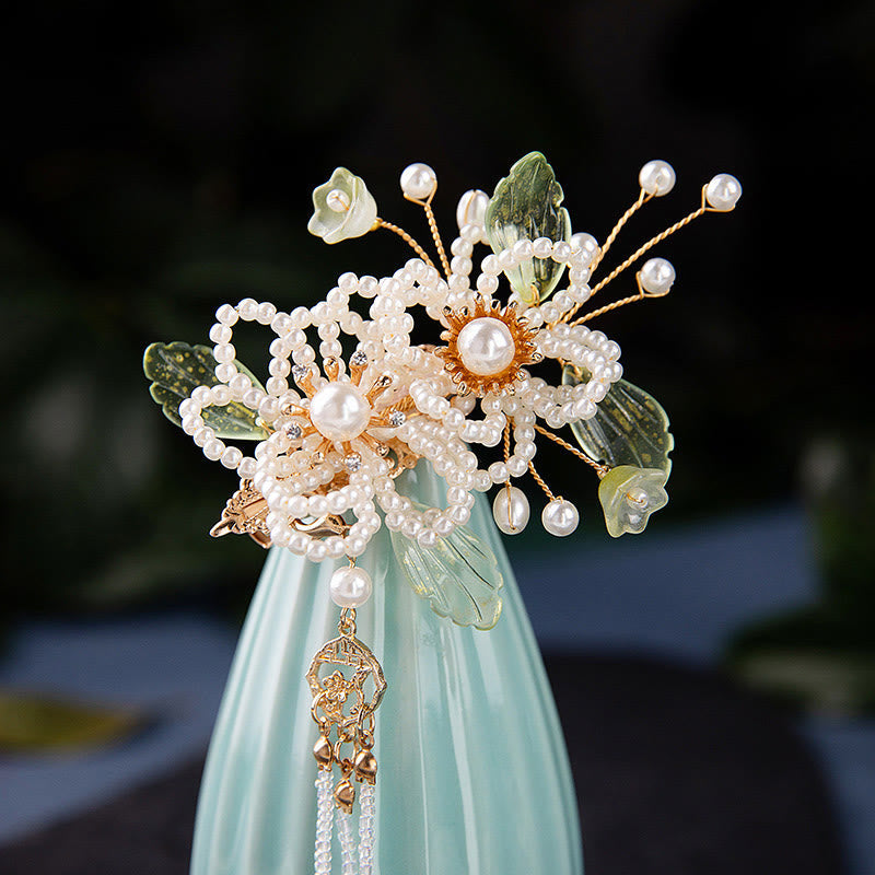 Handmade Flower Leaf Pearl Hair Clip With Tassel