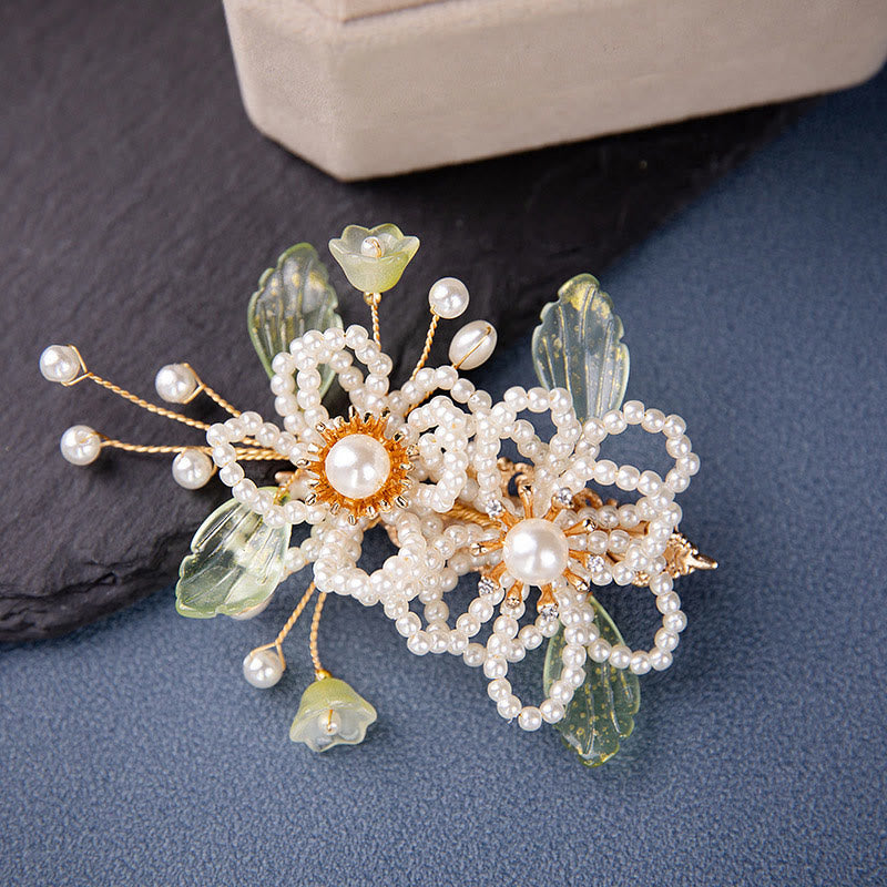 Handmade Flower Leaf Pearl Hair Clip With Tassel