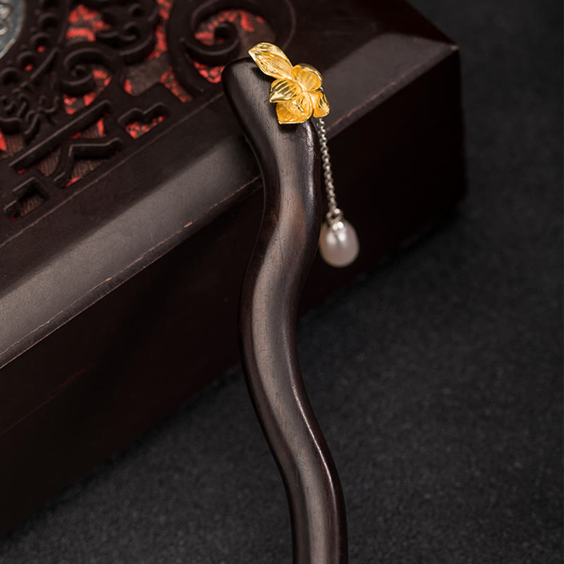 Sterling Silver Lotus Flower Hairpin with Ebony Pearl Tassel