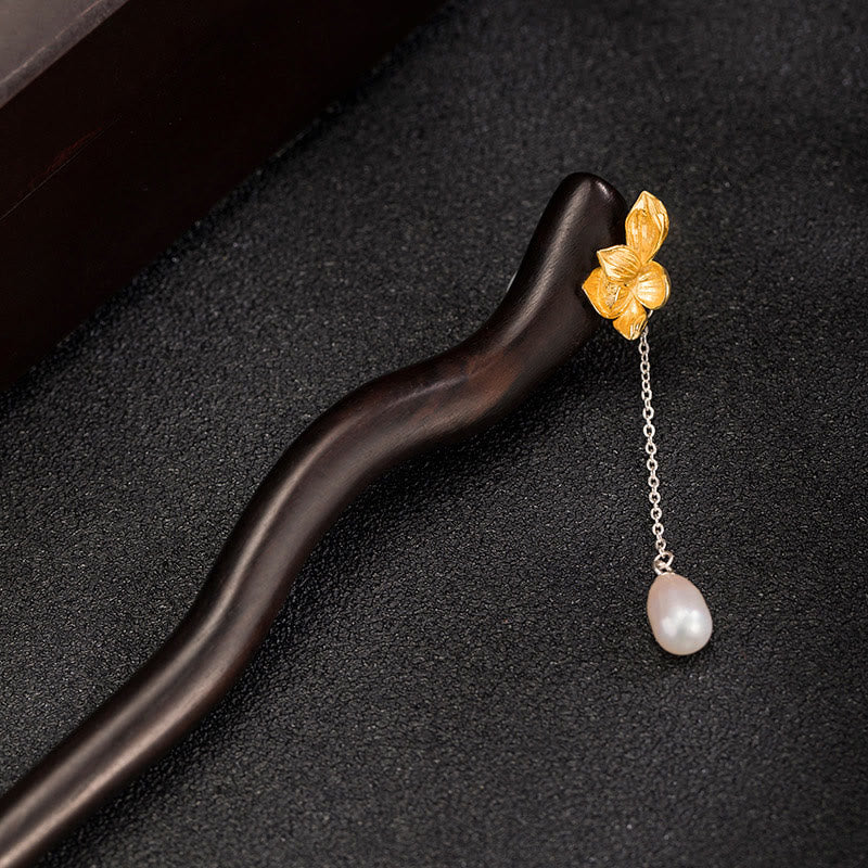 Sterling Silver Lotus Flower Hairpin with Ebony Pearl Tassel