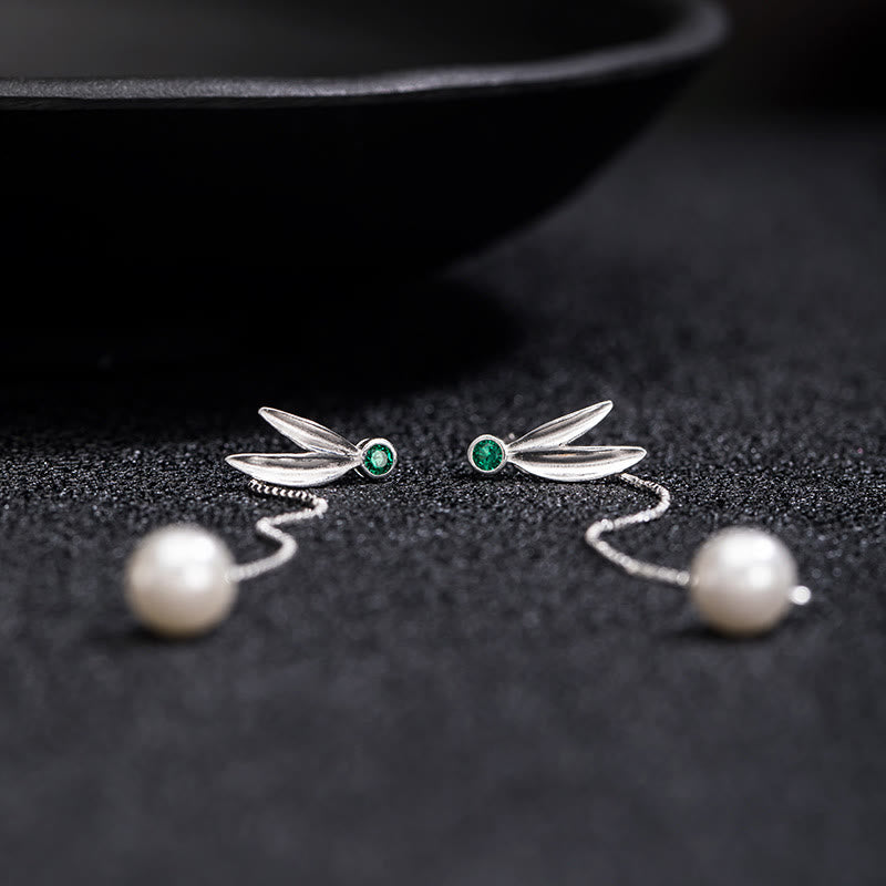 925 Sterling Silver Pearl Bamboo Leaves Protection Drop Earrings