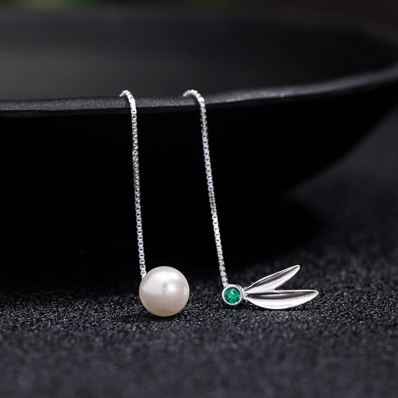 925 Sterling Silver Pearl Bamboo Leaves Protection Drop Earrings