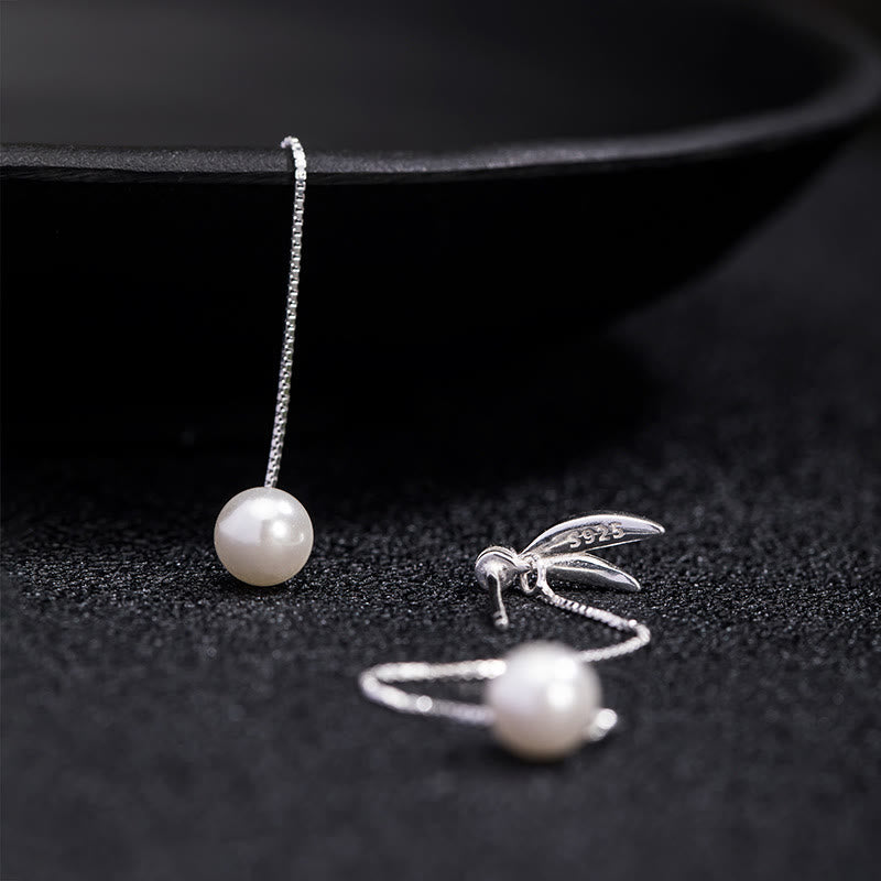 925 Sterling Silver Pearl Bamboo Leaves Protection Drop Earrings