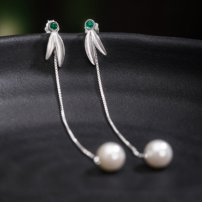 925 Sterling Silver Pearl Bamboo Leaves Protection Drop Earrings