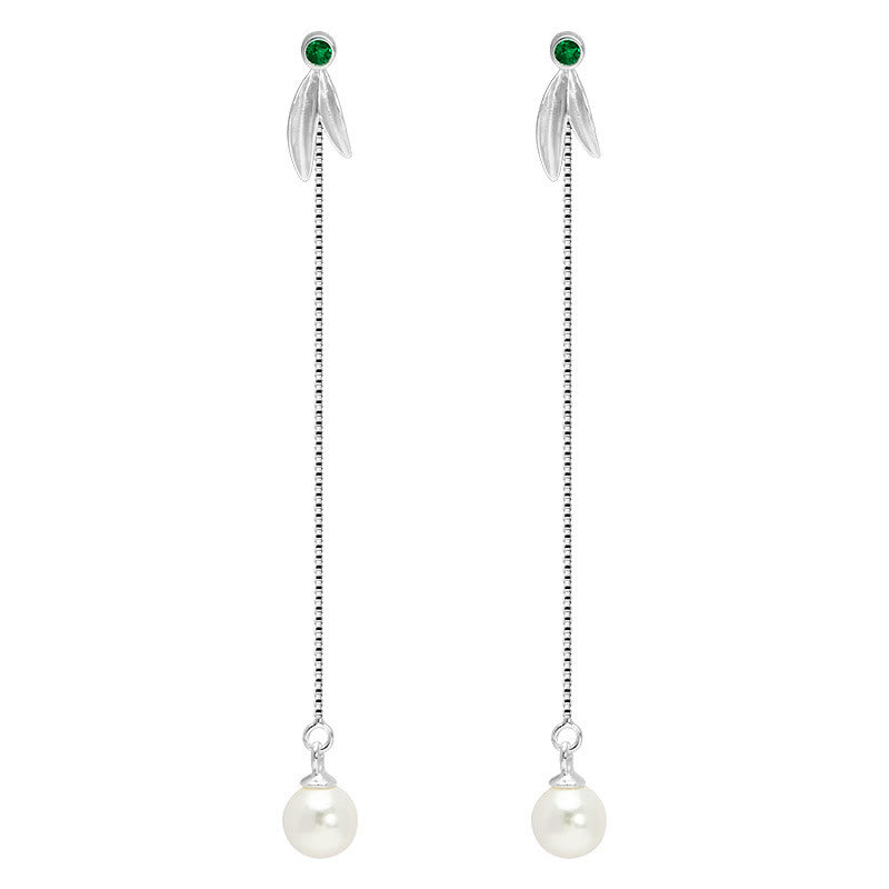 925 Sterling Silver Pearl Bamboo Leaves Protection Drop Earrings