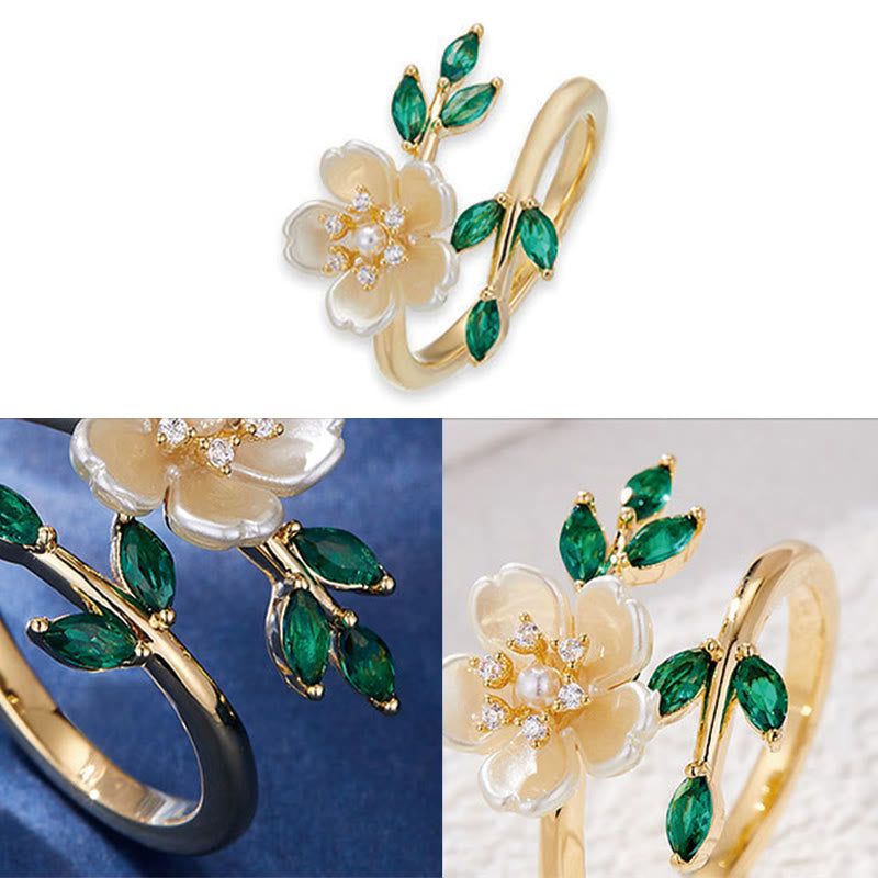 Adjustable Pearl Flower Zircon Copper Ring for Happiness & Wealth