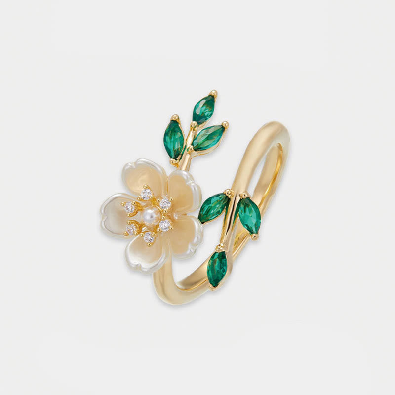 Adjustable Pearl Flower Zircon Copper Ring for Happiness & Wealth