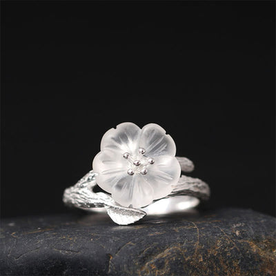 Bague de guérison réglable en cristal blanc avec fleur squelette
