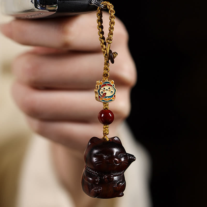 Sandalwood Spiritual Protection Key Chain with Lucky Cat Charm