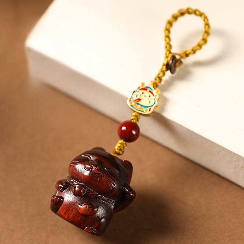 Sandalwood Spiritual Protection Key Chain with Lucky Cat Charm