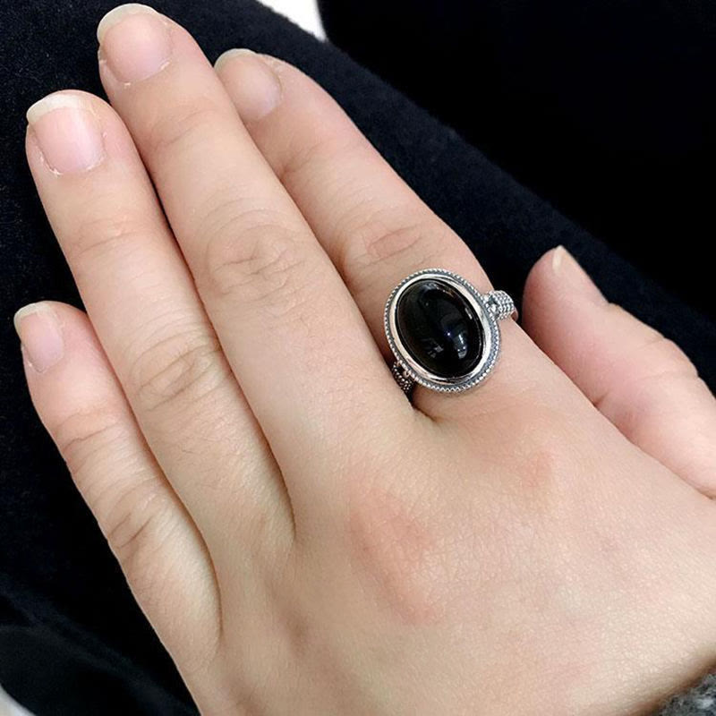 Adjustable Black Onyx Spiritual Protection Ring for Strength & Fortune