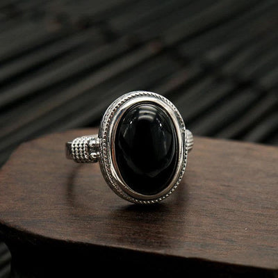 Bague de protection spirituelle réglable en onyx noir pour la force et la fortune