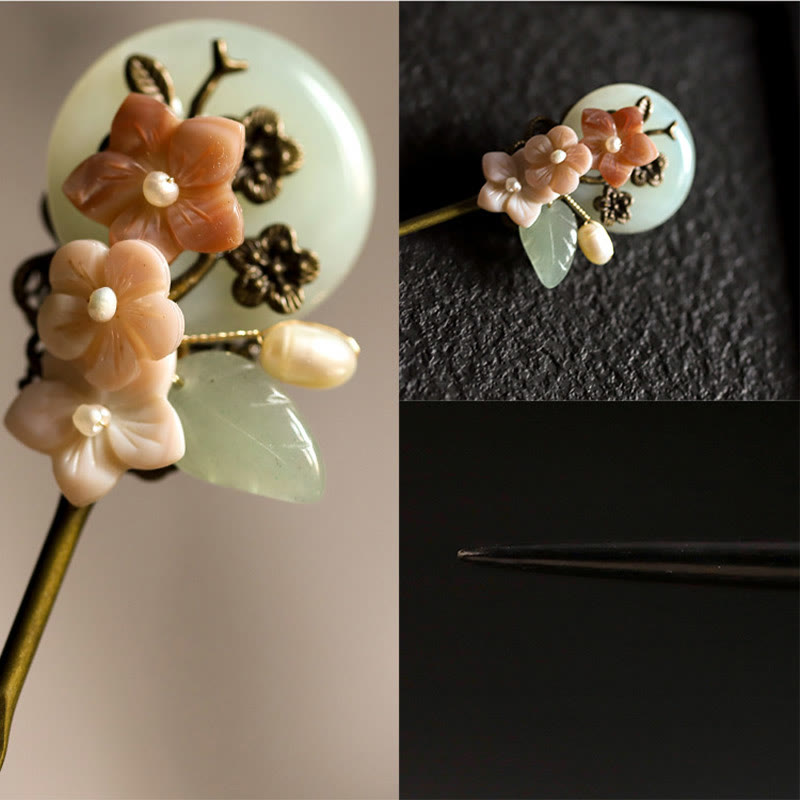 Copper Jade Shell Flower Leaves Luck Hairpin | Chinese Hairpins