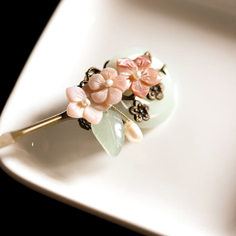 Copper Jade Shell Flower Leaves Luck Hairpin | Chinese Hairpins