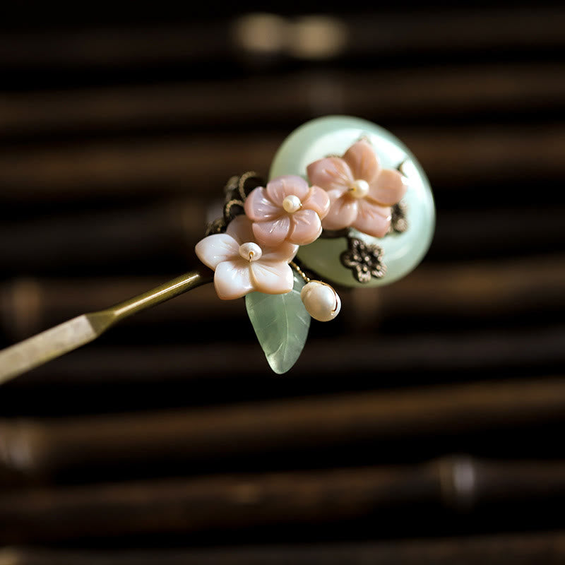 Copper Jade Shell Flower Leaves Luck Hairpin | Chinese Hairpins