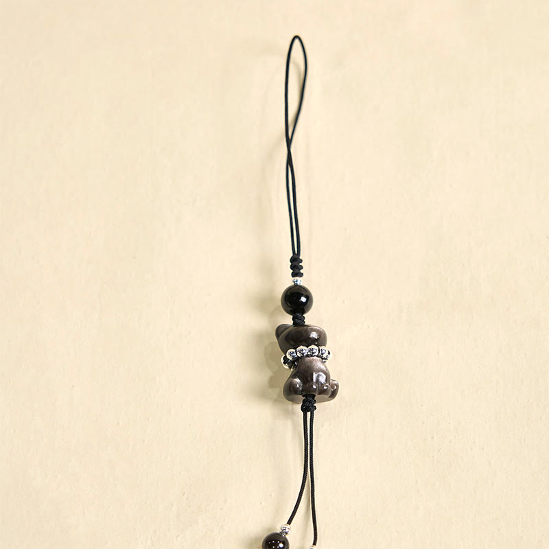 Silver Sheen Obsidian Soothing Cat Phone Hanging Decoration