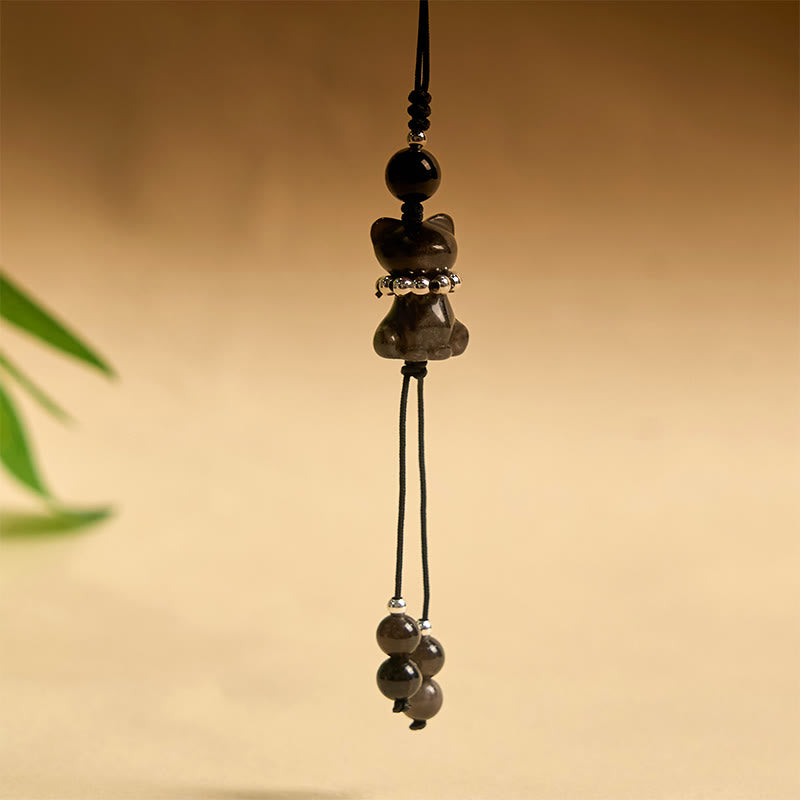 Silver Sheen Obsidian Soothing Cat Phone Hanging Decoration