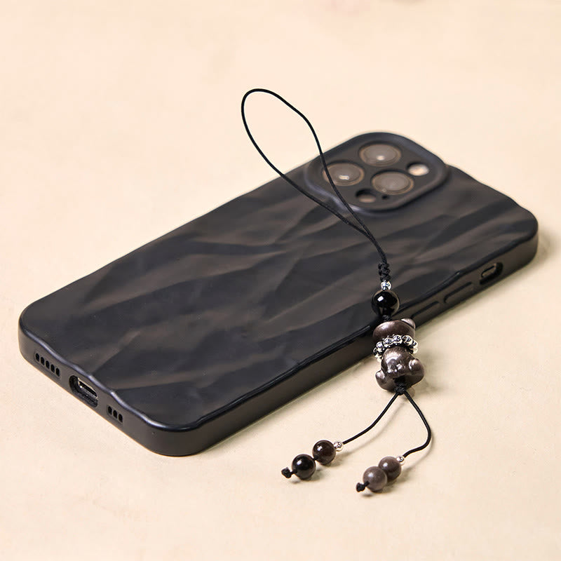 Silver Sheen Obsidian Soothing Cat Phone Hanging Decoration