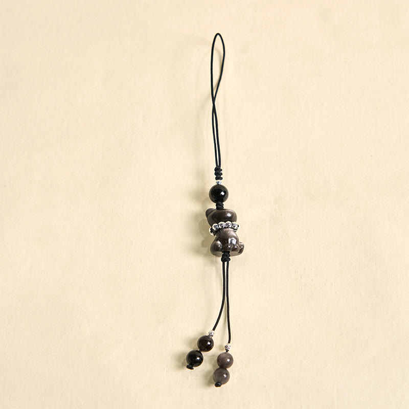 Silver Sheen Obsidian Soothing Cat Phone Hanging Decoration