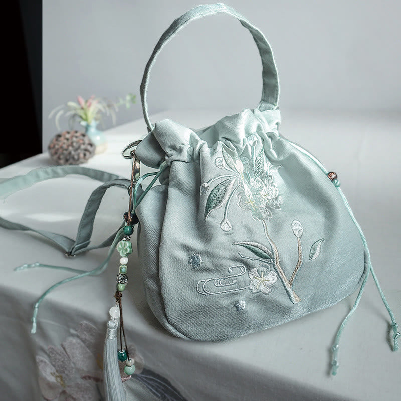 Green Flower Embroidered Canvas Tote Bag 20x20cm