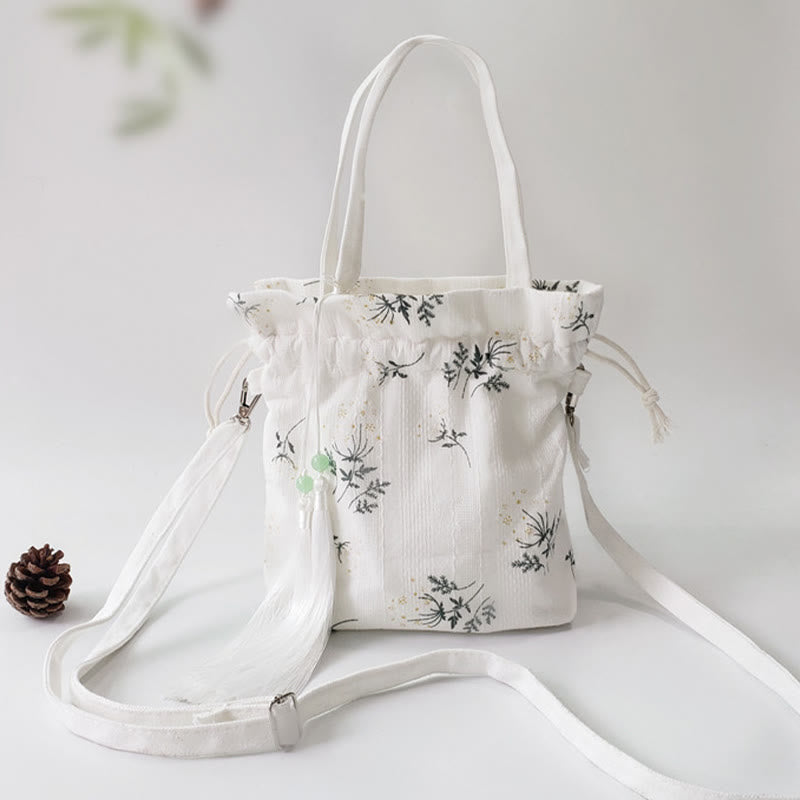 Canvas Yoga Tote Bag with White Flowers & Green Leaves | 23x29cm