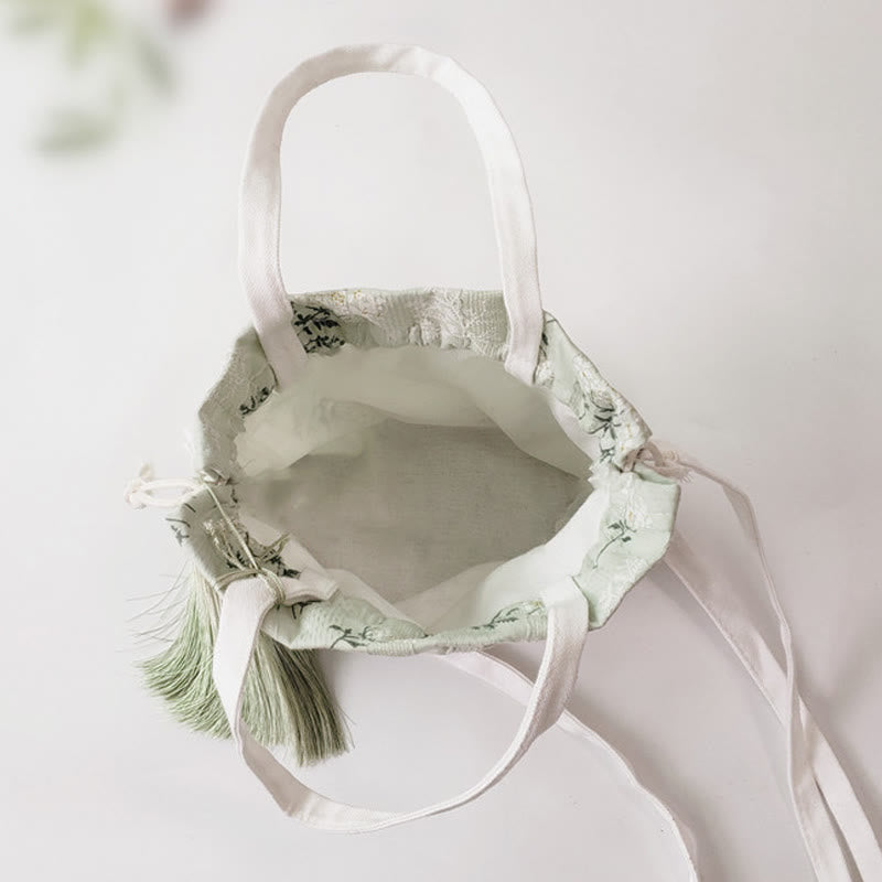 Canvas Yoga Tote Bag with White Flowers & Green Leaves | 23x29cm