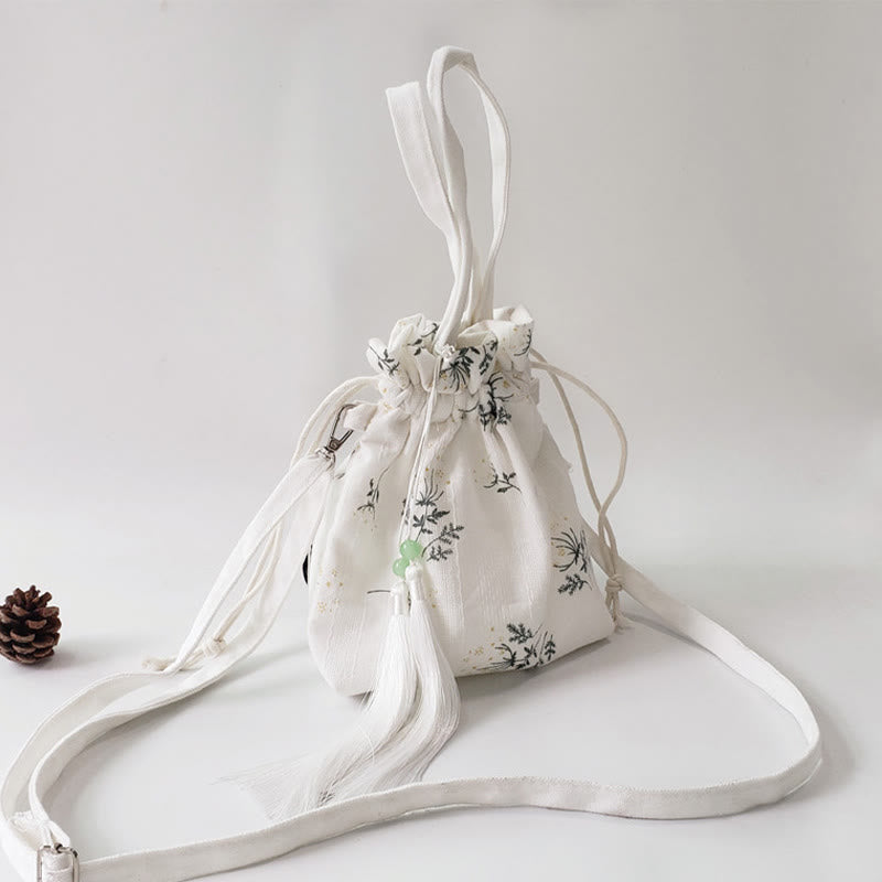 Canvas Yoga Tote Bag with White Flowers & Green Leaves | 23x29cm