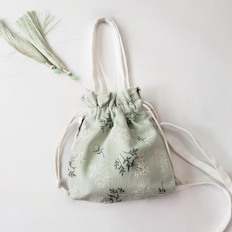 Canvas Yoga Tote Bag with White Flowers & Green Leaves | 23x29cm