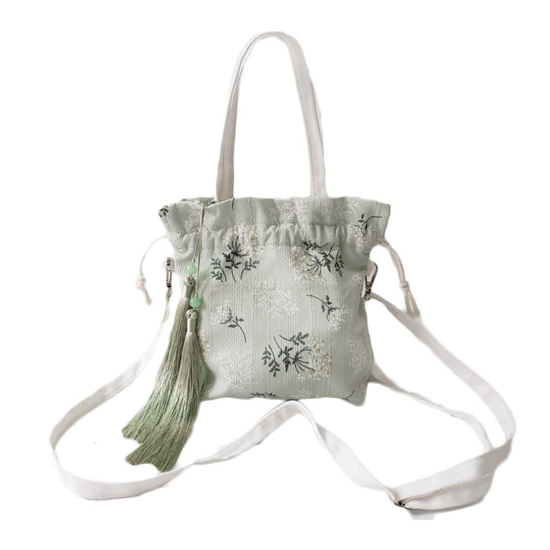Canvas Yoga Tote Bag with White Flowers & Green Leaves | 23x29cm