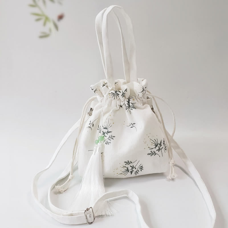 Canvas Yoga Tote Bag with White Flowers & Green Leaves | 23x29cm