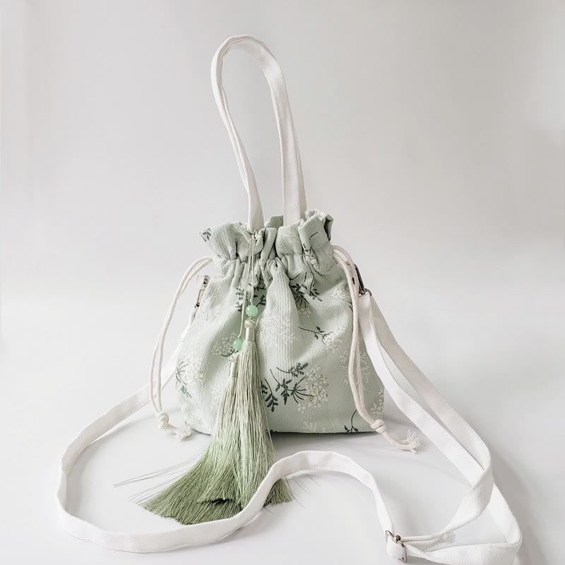 Canvas Yoga Tote Bag with White Flowers & Green Leaves | 23x29cm