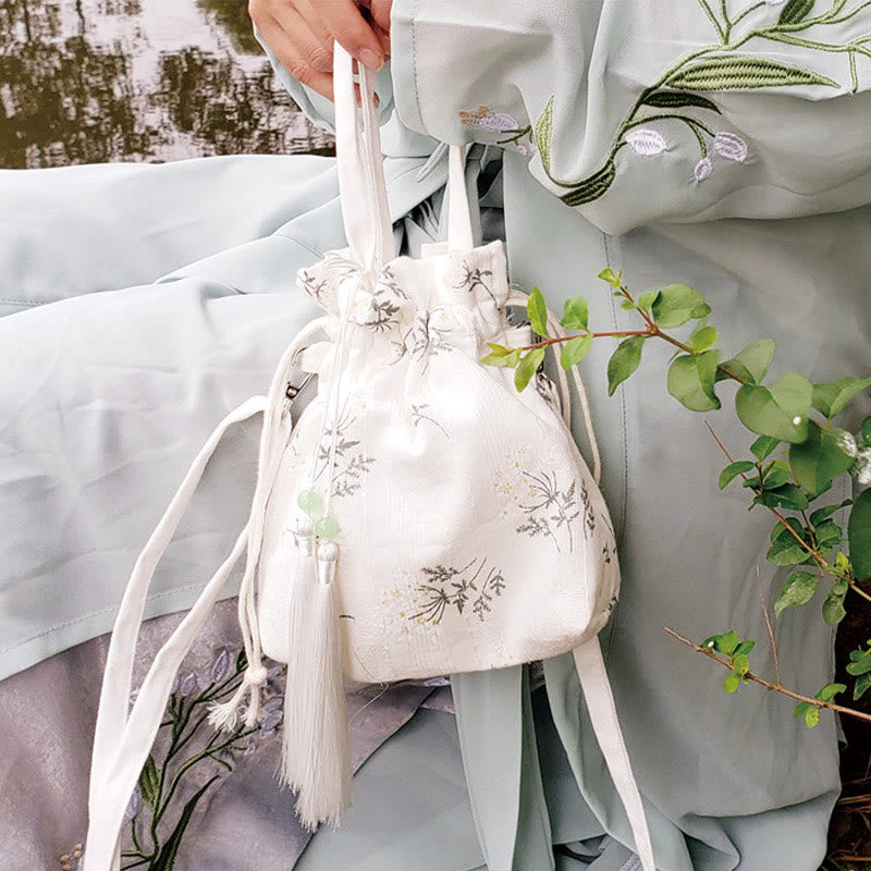 Canvas Yoga Tote Bag with White Flowers & Green Leaves | 23x29cm