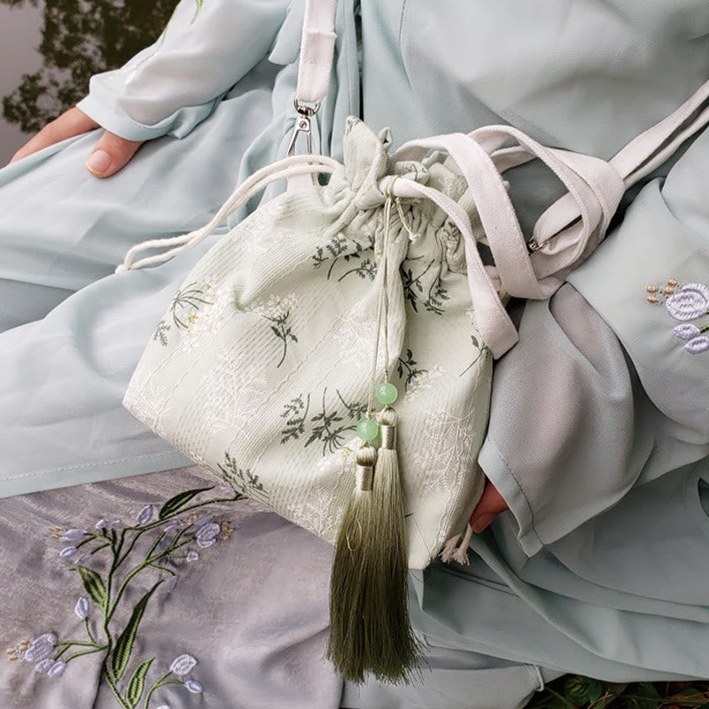 Canvas Yoga Tote Bag with White Flowers & Green Leaves | 23x29cm