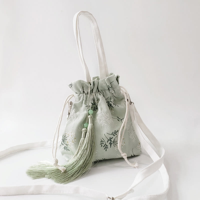 Canvas Yoga Tote Bag with White Flowers & Green Leaves | 23x29cm