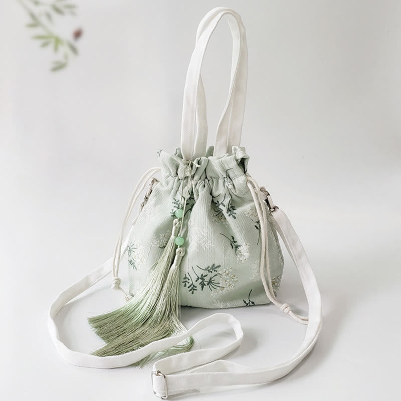 Canvas Yoga Tote Bag with White Flowers & Green Leaves | 23x29cm