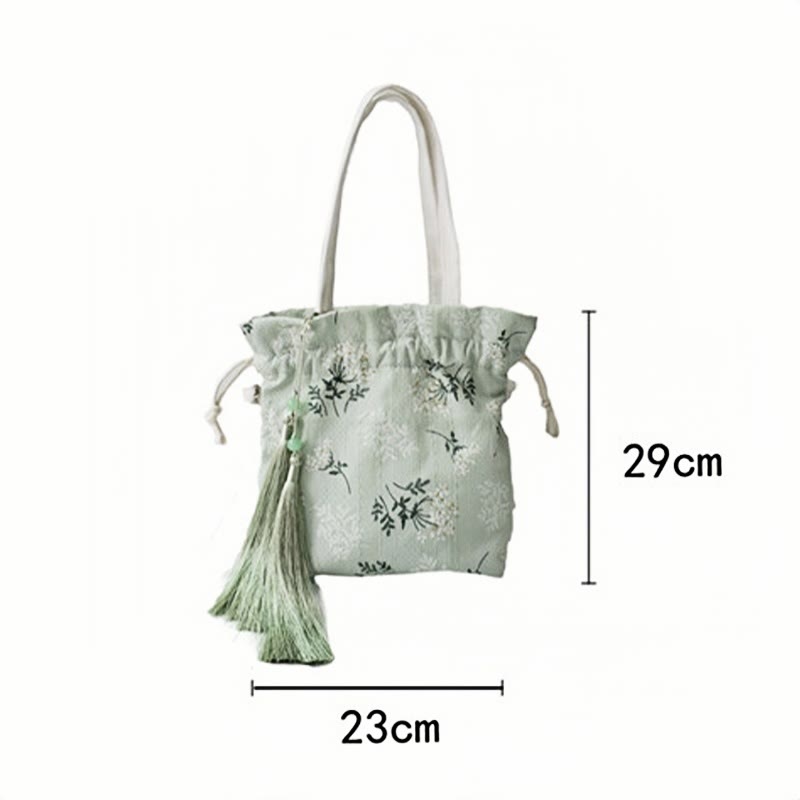 Canvas Yoga Tote Bag with White Flowers & Green Leaves | 23x29cm