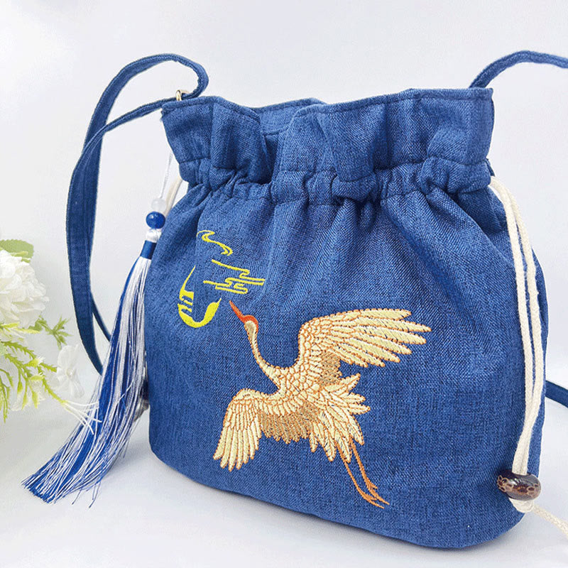 Cotton Linen Navy Blue Crane Spiritual Shoulder Bag