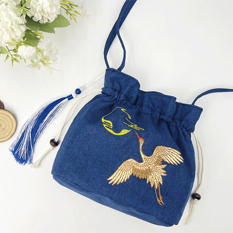 Cotton Linen Navy Blue Crane Spiritual Shoulder Bag