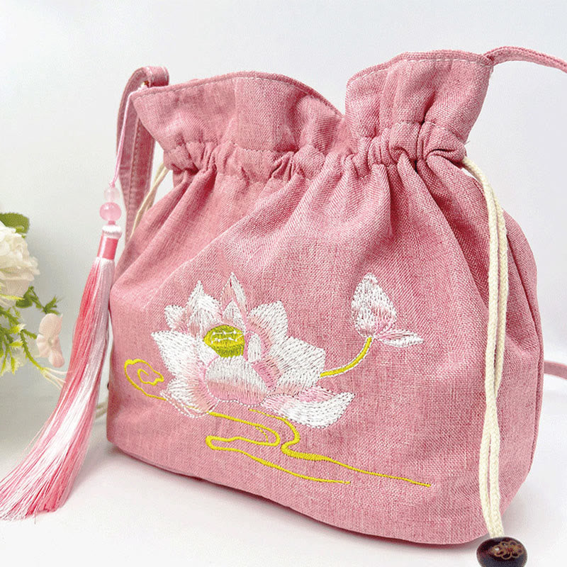 Pink Lotus Cotton Linen Crossbody Bag 19x20x10cm