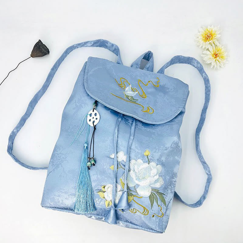Large Blue Camellia Embroidered Backpack | Spiritual Accessories