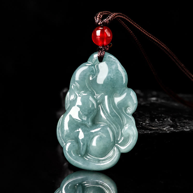 Green Jade Necklace with Nine Tailed Fox Pendant