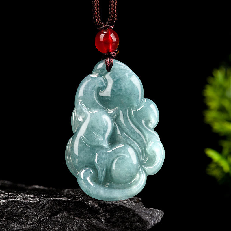 Green Jade Necklace with Nine Tailed Fox Pendant